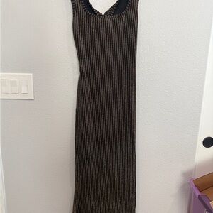 Vici Ribbed Metallic-Trim Maxi Dress in Black and Gold twist open back and slit